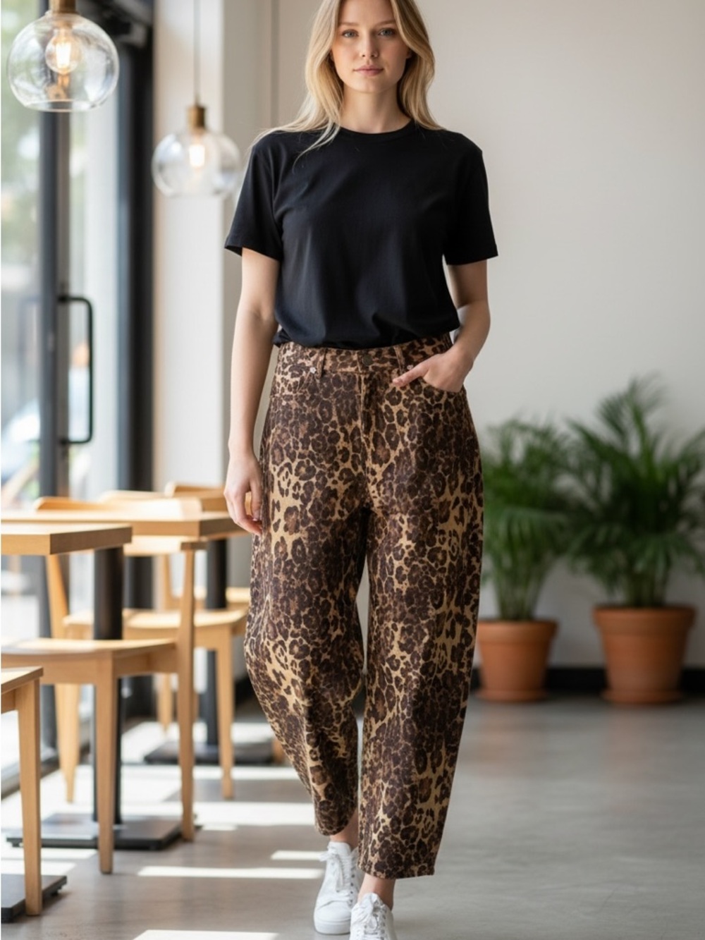 NWT Oddi Leopard Print High-Rise Wide Barrel Leg Pants - Brown - Picture 2 of 4